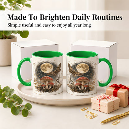 #pl[11oz|Green] Moon Moth Mushroom Ceramic Mug, Dark Botanical Art for Nature Fans