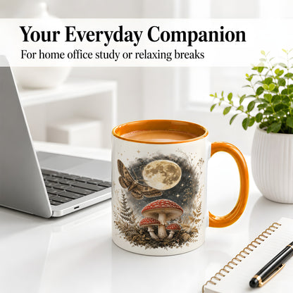 #pl[11oz|Orange] Moon Moth Mushroom Ceramic Mug, Dark Botanical Art for Nature Fans