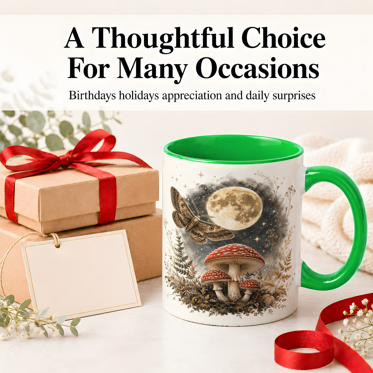 #pl[11oz|Green] Moon Moth Mushroom Ceramic Mug, Dark Botanical Art for Nature Fans