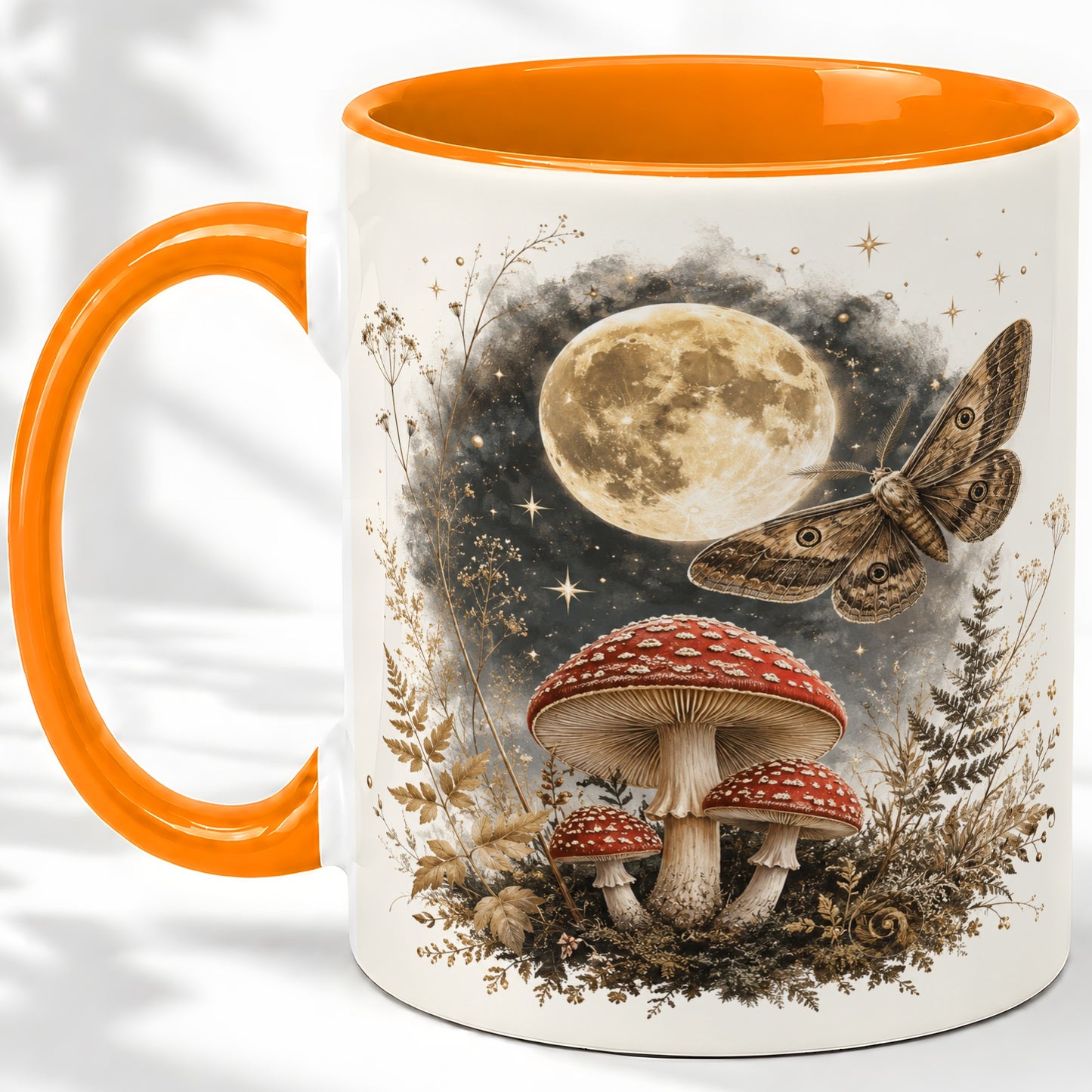 #pl[11oz|Orange] Moon Moth Mushroom Ceramic Mug, Dark Botanical Art for Nature Fans