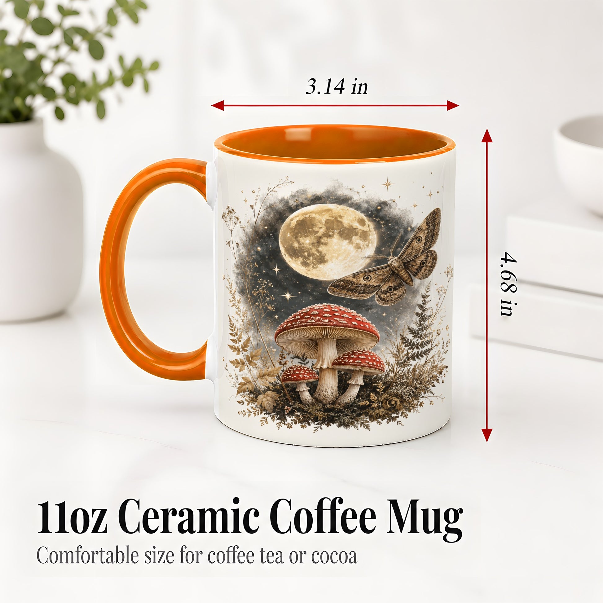 #pl[11oz|Orange] Moon Moth Mushroom Ceramic Mug, Dark Botanical Art for Nature Fans