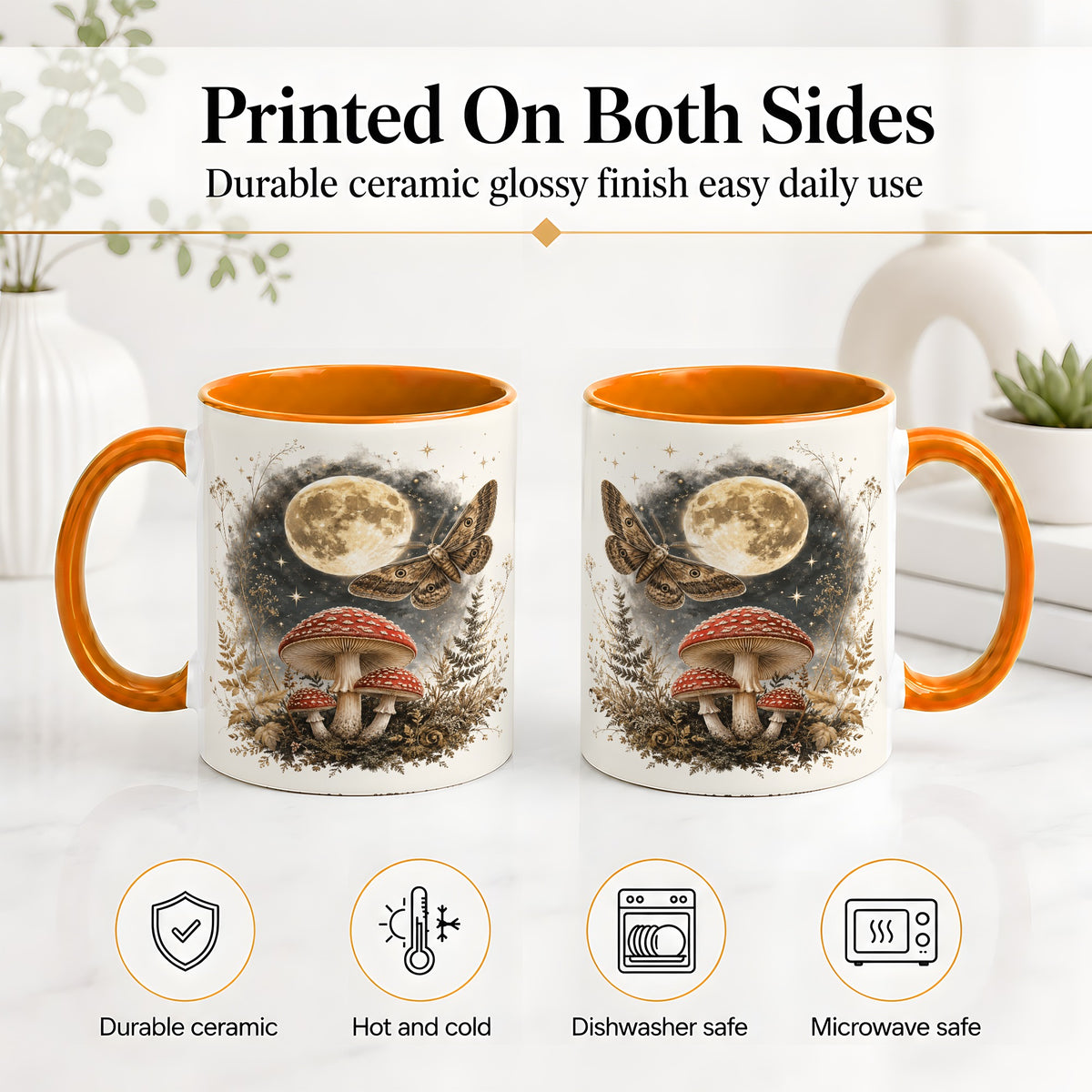 #pl[11oz|Orange] Moon Moth Mushroom Ceramic Mug, Dark Botanical Art for Nature Fans