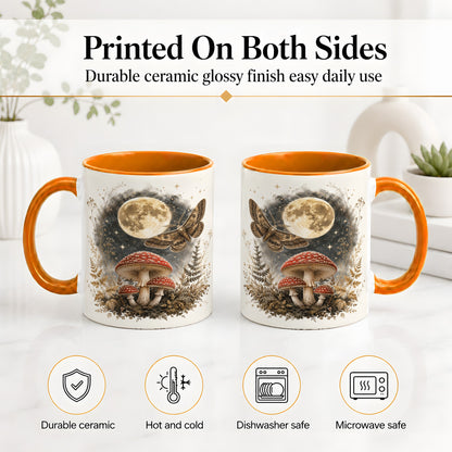 #pl[11oz|Orange] Moon Moth Mushroom Ceramic Mug, Dark Botanical Art for Nature Fans