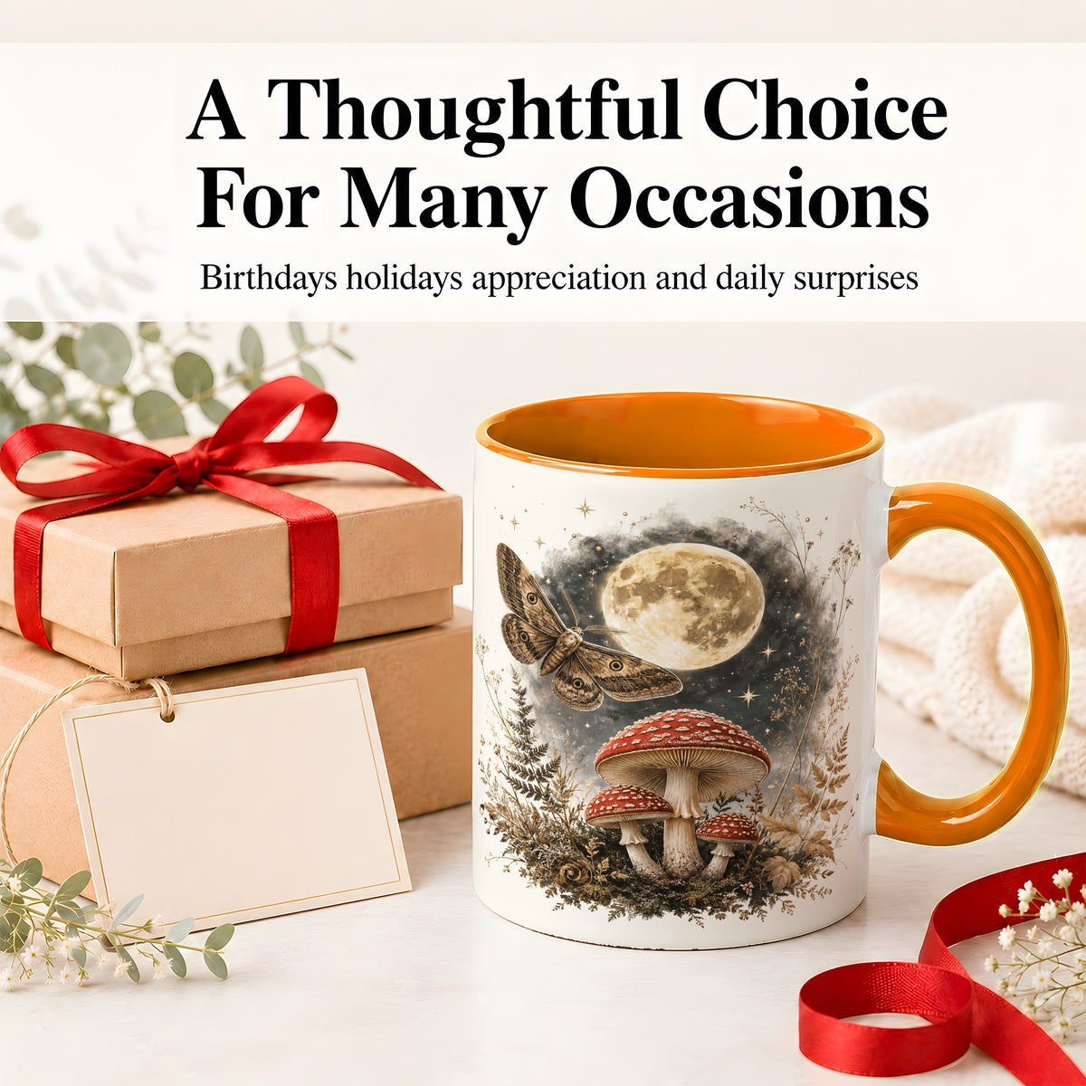 #pl[11oz|Orange] Moon Moth Mushroom Ceramic Mug, Dark Botanical Art for Nature Fans