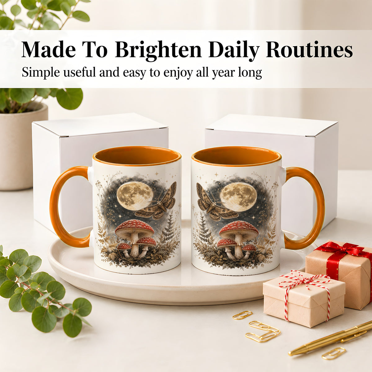 #pl[11oz|Orange] Moon Moth Mushroom Ceramic Mug, Dark Botanical Art for Nature Fans