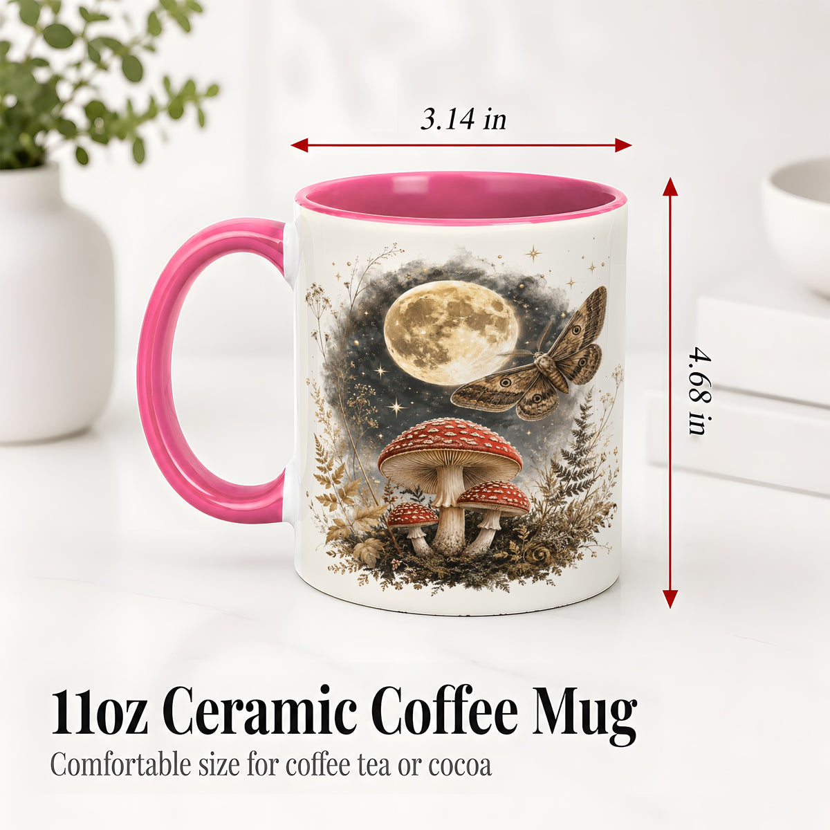 #pl[11oz|Pink] Moon Moth Mushroom Ceramic Mug, Dark Botanical Art for Nature Fans