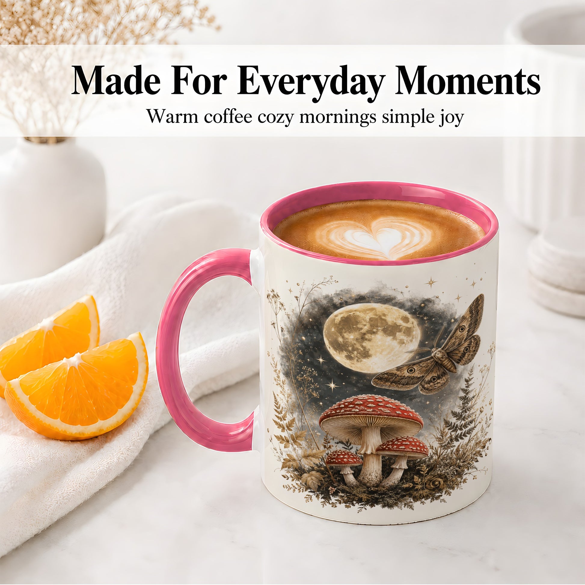 #pl[11oz|Pink] Moon Moth Mushroom Ceramic Mug, Dark Botanical Art for Nature Fans