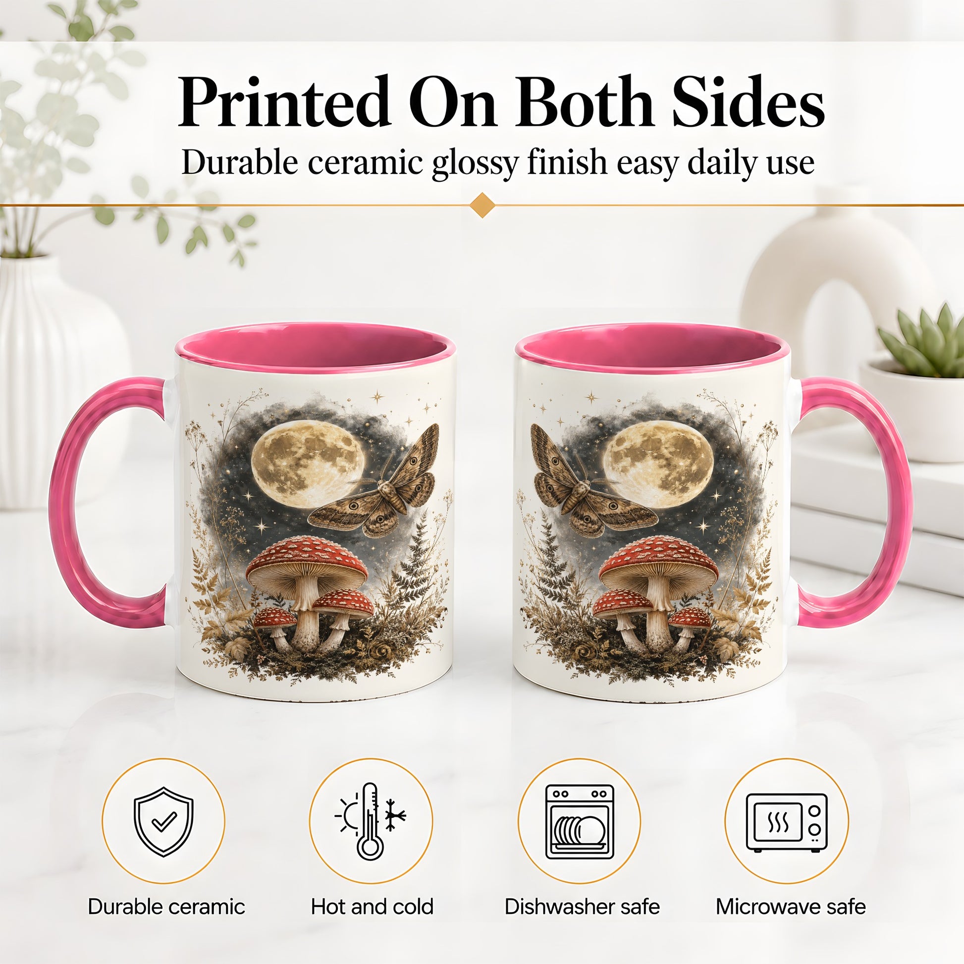 #pl[11oz|Pink] Moon Moth Mushroom Ceramic Mug, Dark Botanical Art for Nature Fans