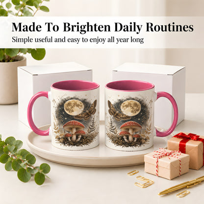 #pl[11oz|Pink] Moon Moth Mushroom Ceramic Mug, Dark Botanical Art for Nature Fans