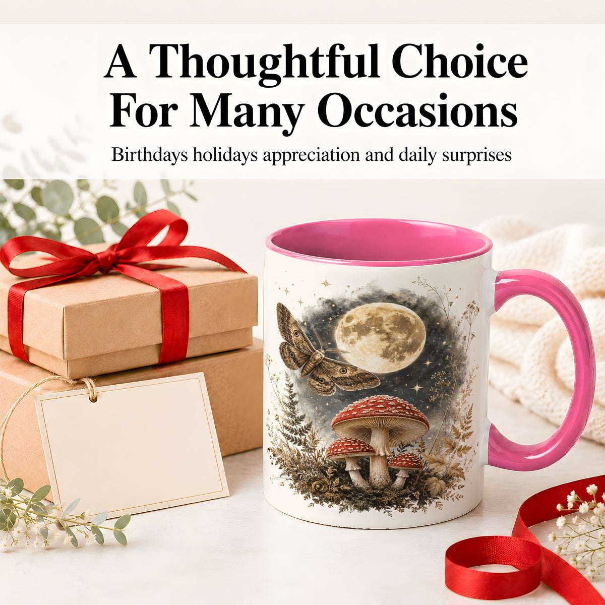 #pl[11oz|Pink] Moon Moth Mushroom Ceramic Mug, Dark Botanical Art for Nature Fans