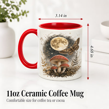#pl[11oz|Red] Moon Moth Mushroom Ceramic Mug, Dark Botanical Art for Nature Fans