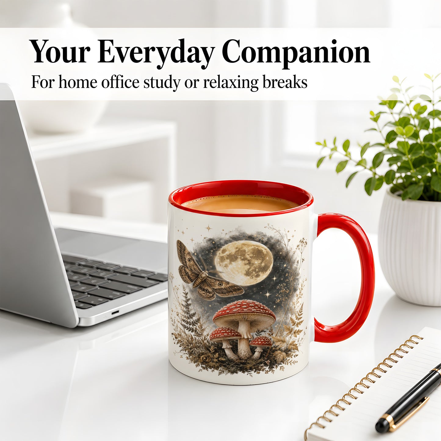 #pl[11oz|Red] Moon Moth Mushroom Ceramic Mug, Dark Botanical Art for Nature Fans