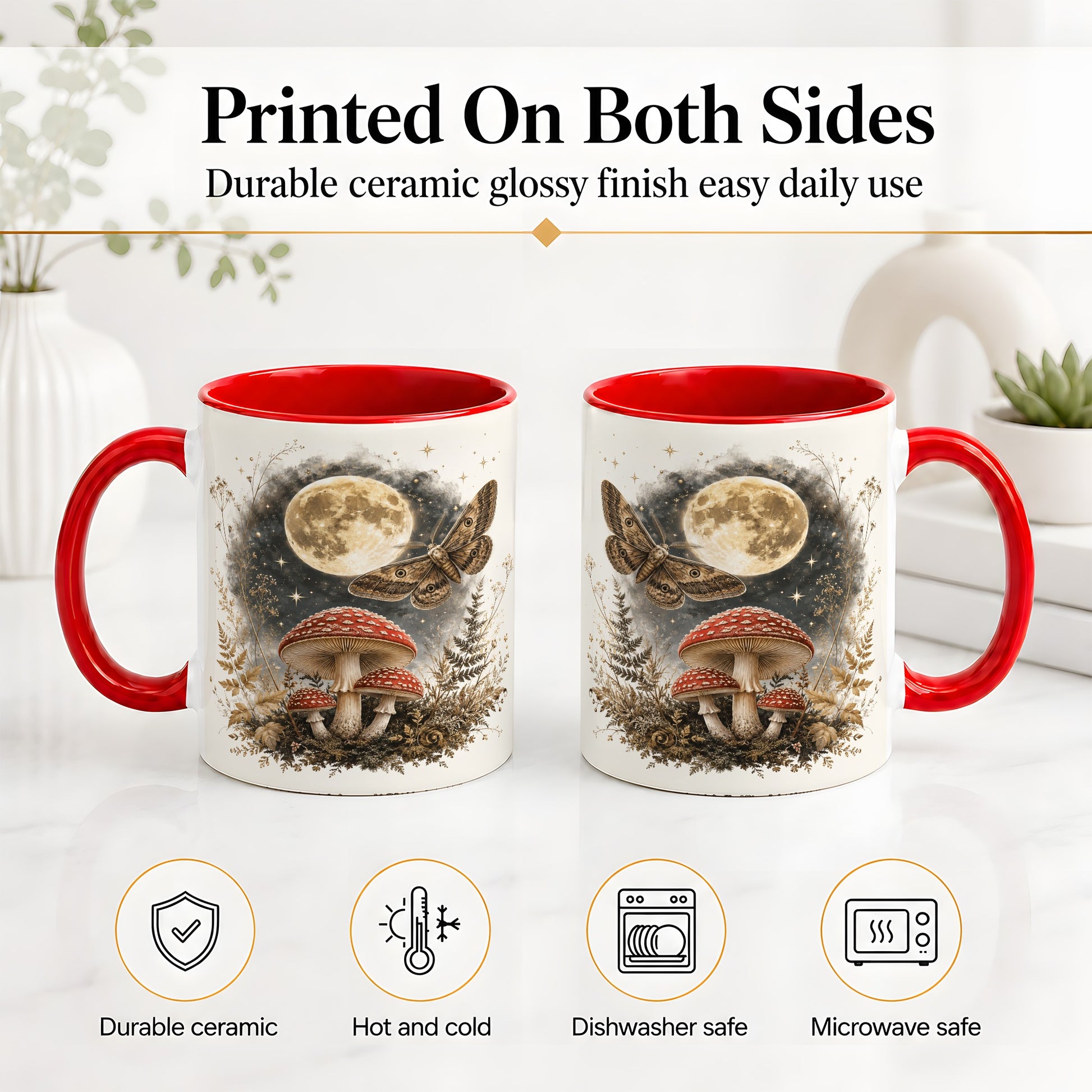 #pl[11oz|Red] Moon Moth Mushroom Ceramic Mug, Dark Botanical Art for Nature Fans