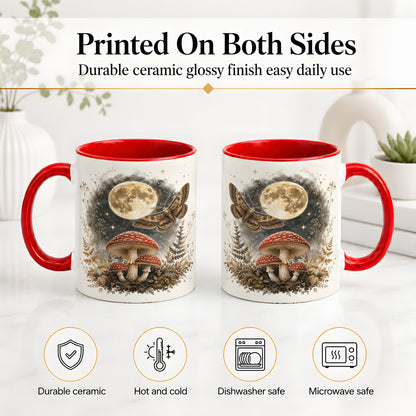 #pl[11oz|Red] Moon Moth Mushroom Ceramic Mug, Dark Botanical Art for Nature Fans