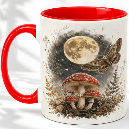 Moon Moth Mushroom Ceramic Mug, Dark Botanical Art for Nature Fans