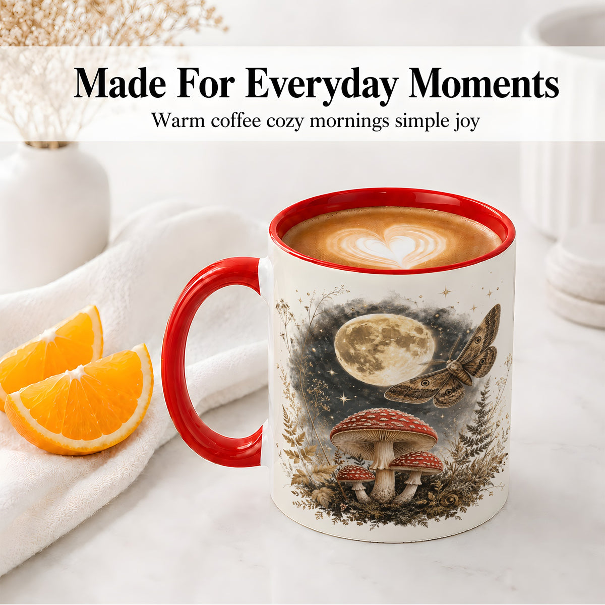 #pl[11oz|Red] Moon Moth Mushroom Ceramic Mug, Dark Botanical Art for Nature Fans