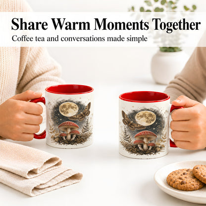 #pl[11oz|Red] Moon Moth Mushroom Ceramic Mug, Dark Botanical Art for Nature Fans