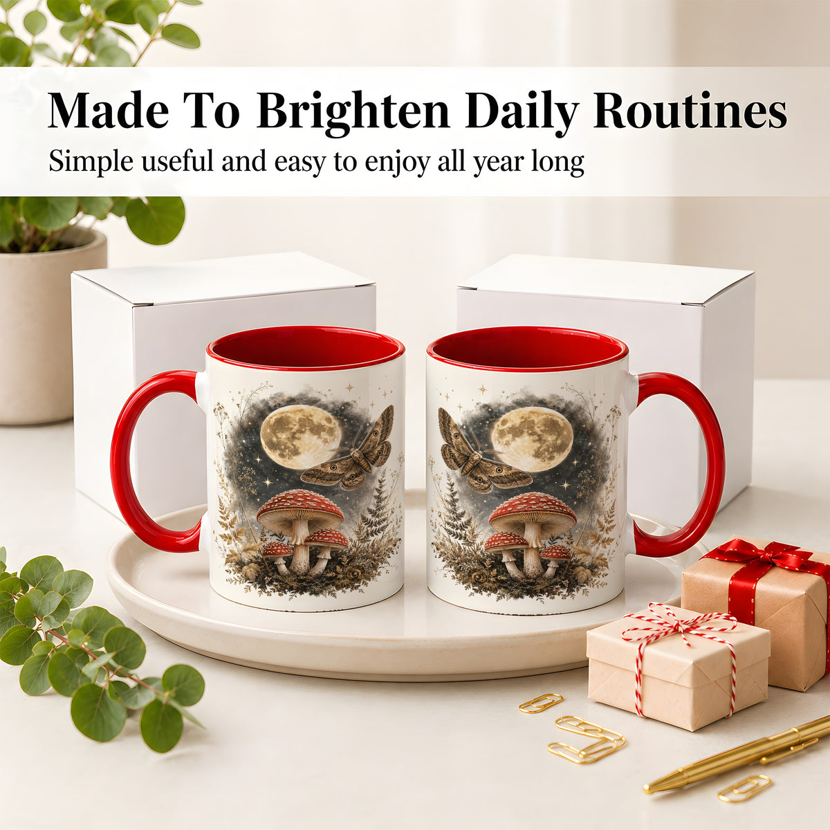 #pl[11oz|Red] Moon Moth Mushroom Ceramic Mug, Dark Botanical Art for Nature Fans
