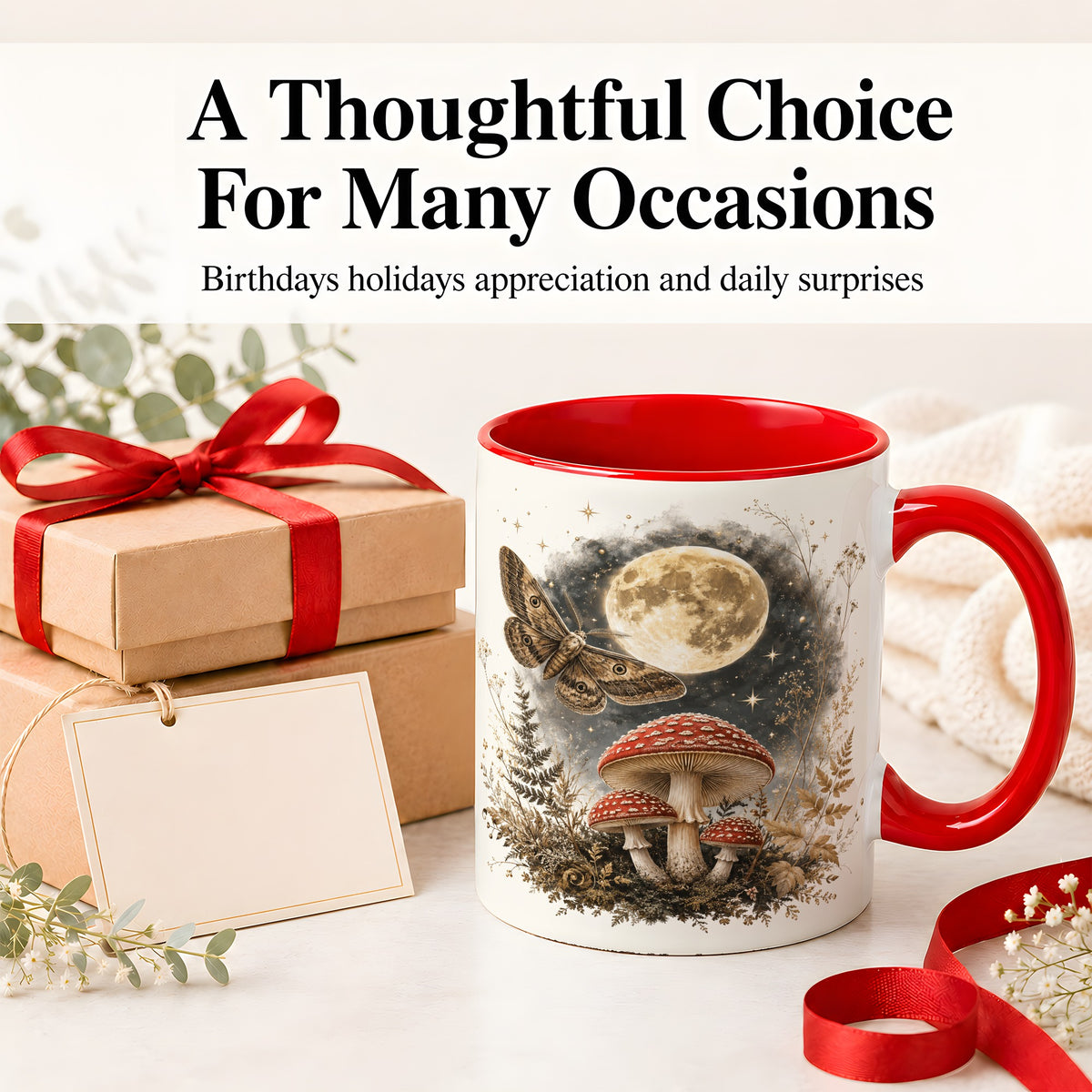 #pl[11oz|Red] Moon Moth Mushroom Ceramic Mug, Dark Botanical Art for Nature Fans