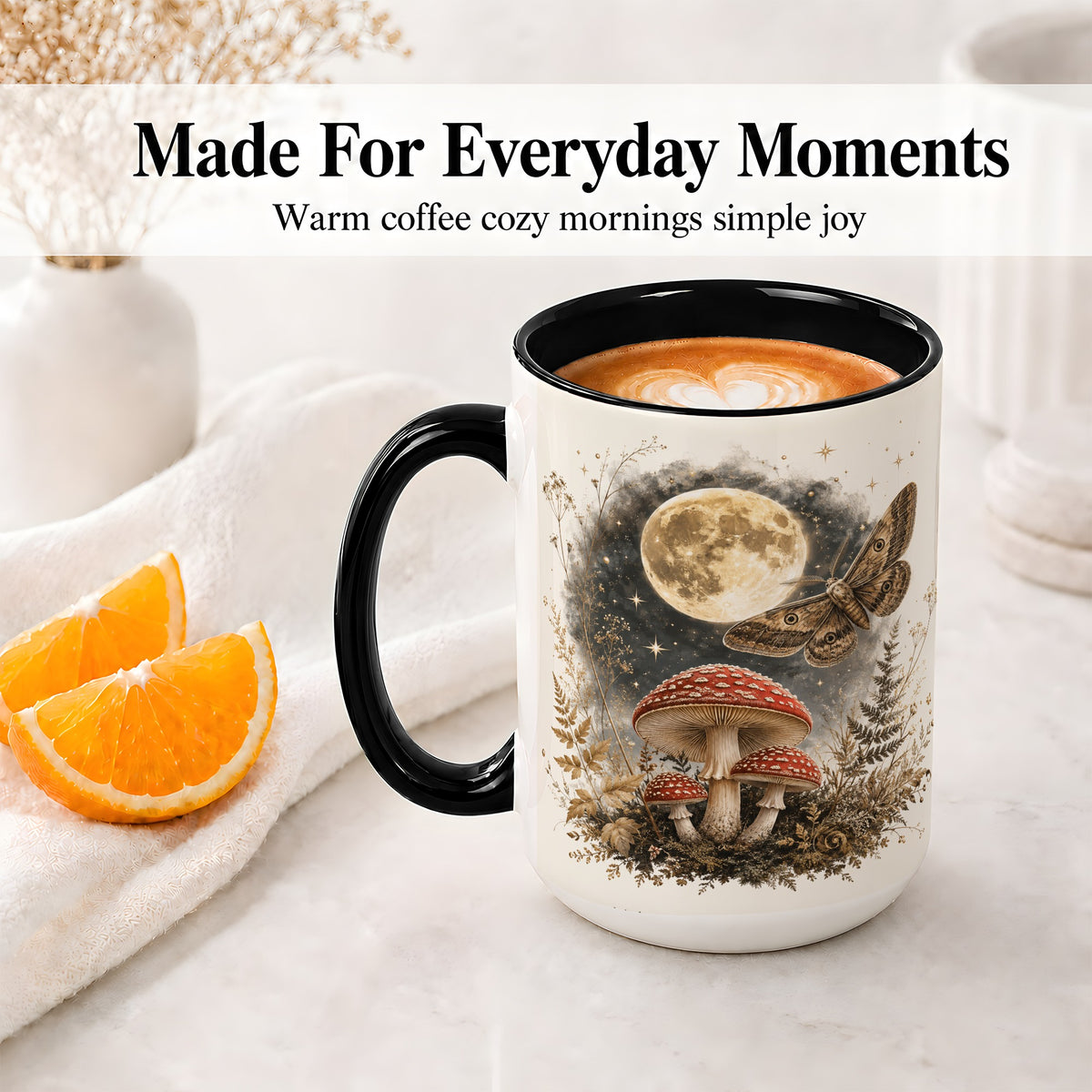 #pl[15oz|Black] Moon Moth Mushroom Ceramic Mug, Dark Botanical Art for Nature Fans