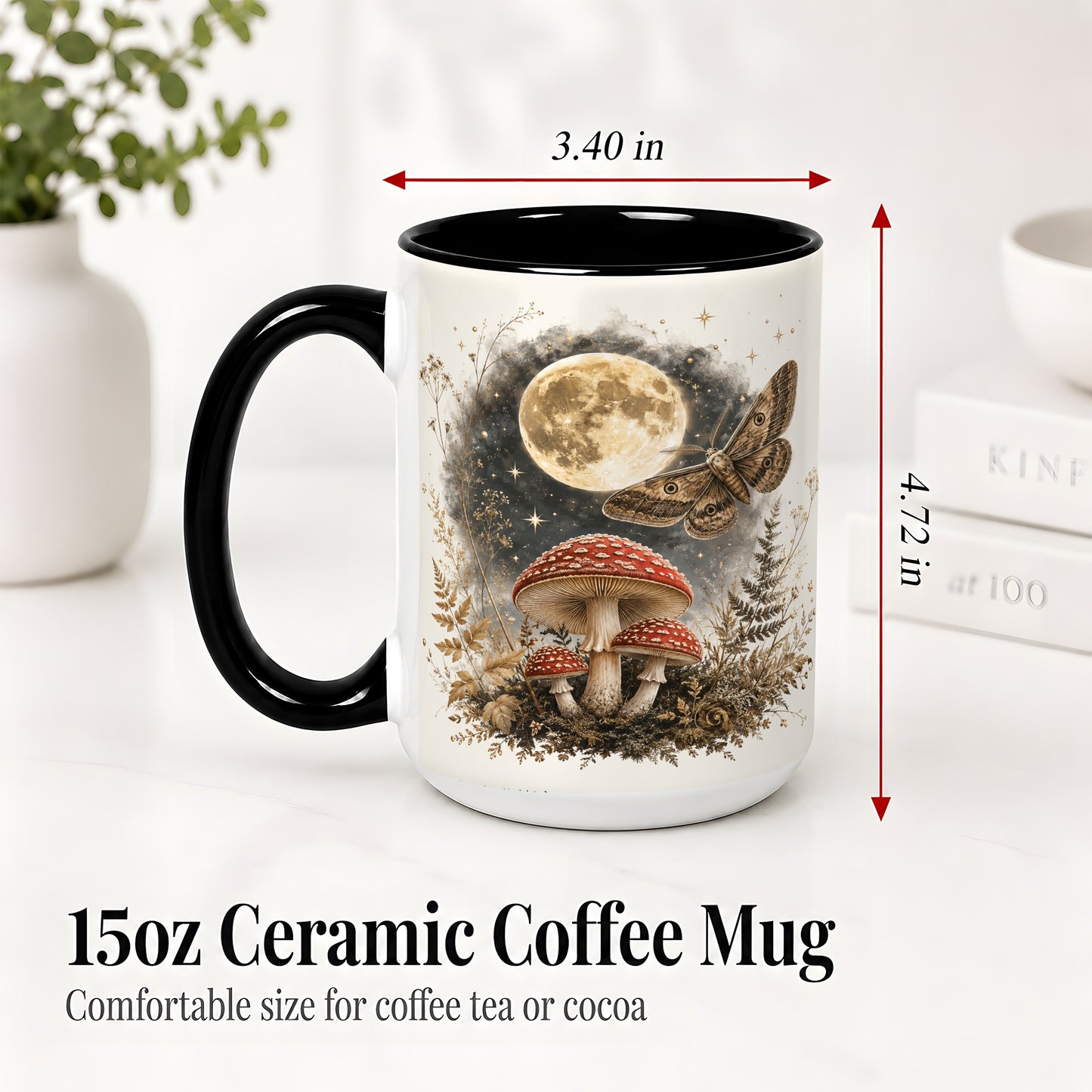#pl[15oz|Black] Moon Moth Mushroom Ceramic Mug, Dark Botanical Art for Nature Fans