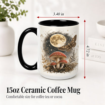 #pl[15oz|Black] Moon Moth Mushroom Ceramic Mug, Dark Botanical Art for Nature Fans