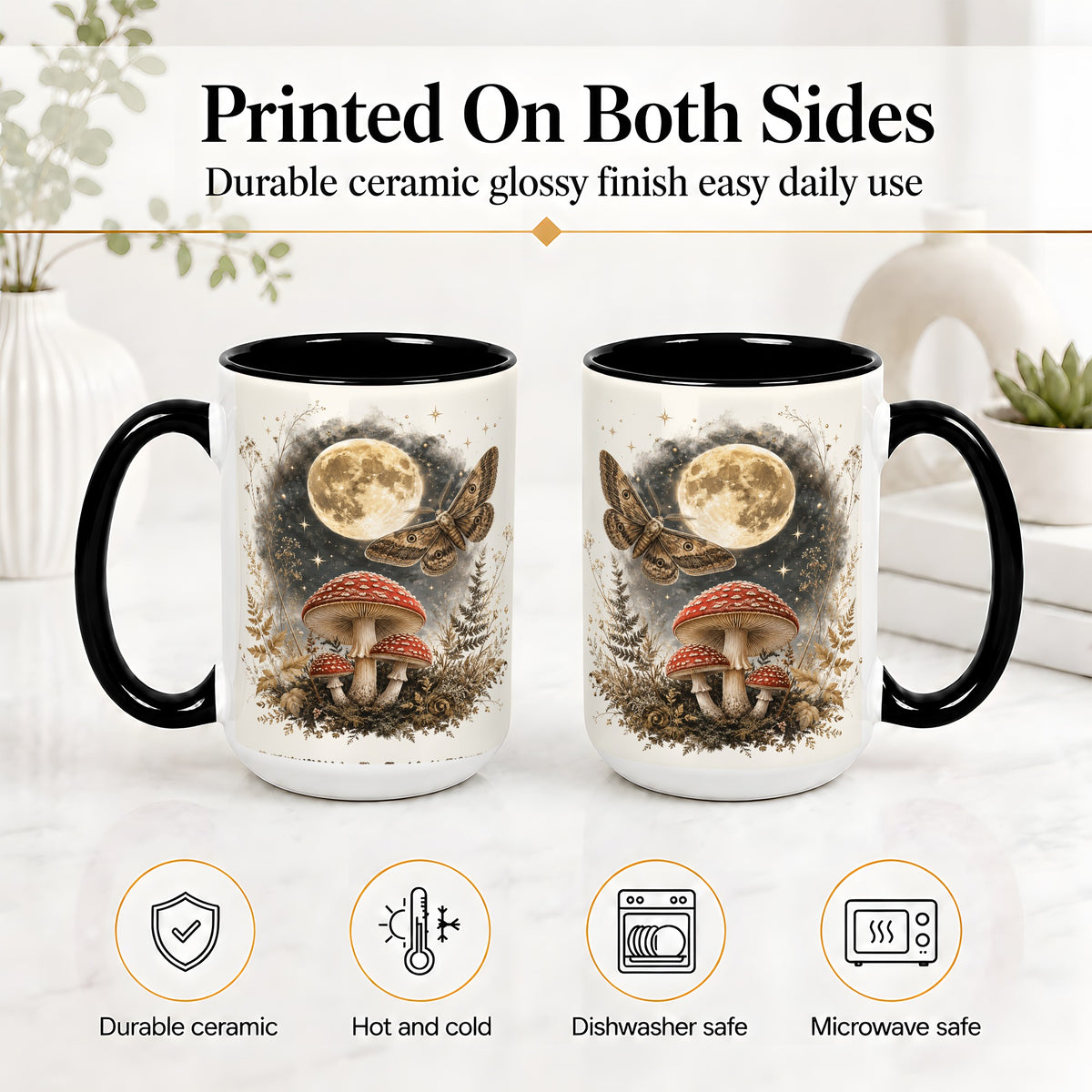 #pl[15oz|Black] Moon Moth Mushroom Ceramic Mug, Dark Botanical Art for Nature Fans