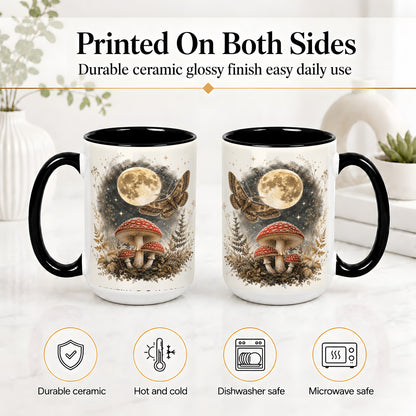 #pl[15oz|Black] Moon Moth Mushroom Ceramic Mug, Dark Botanical Art for Nature Fans