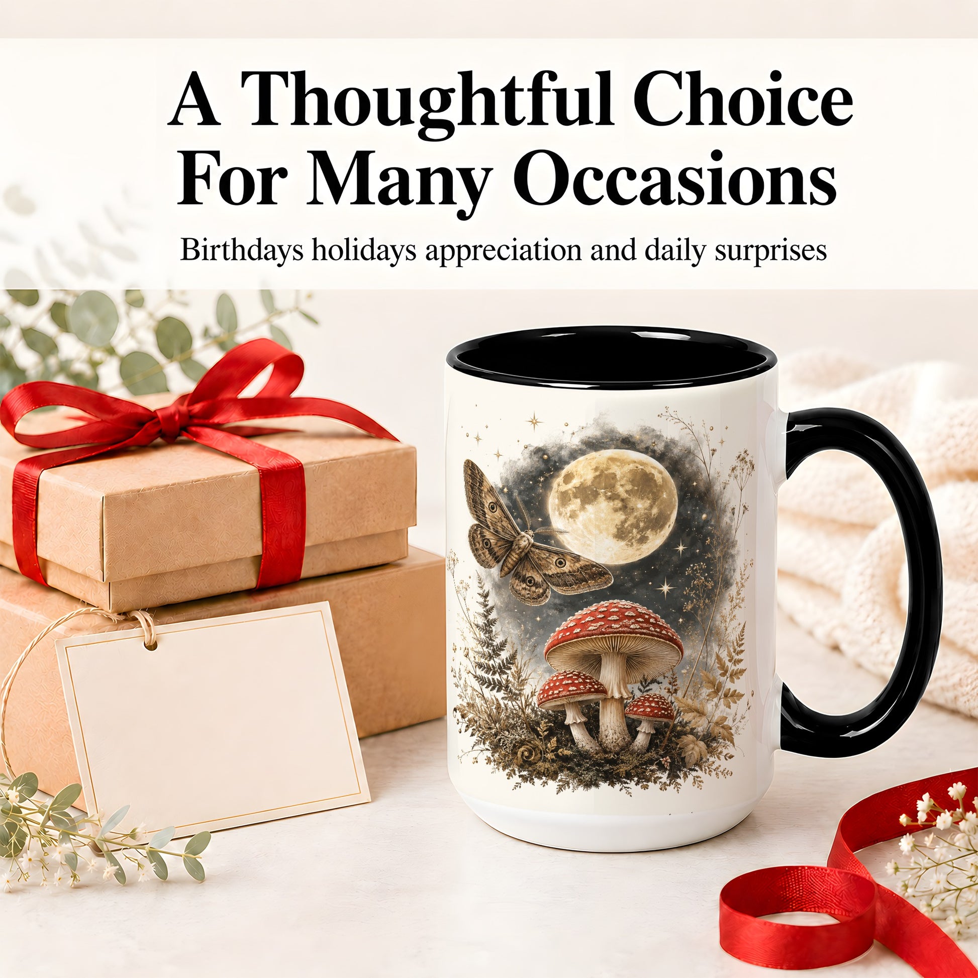 #pl[15oz|Black] Moon Moth Mushroom Ceramic Mug, Dark Botanical Art for Nature Fans