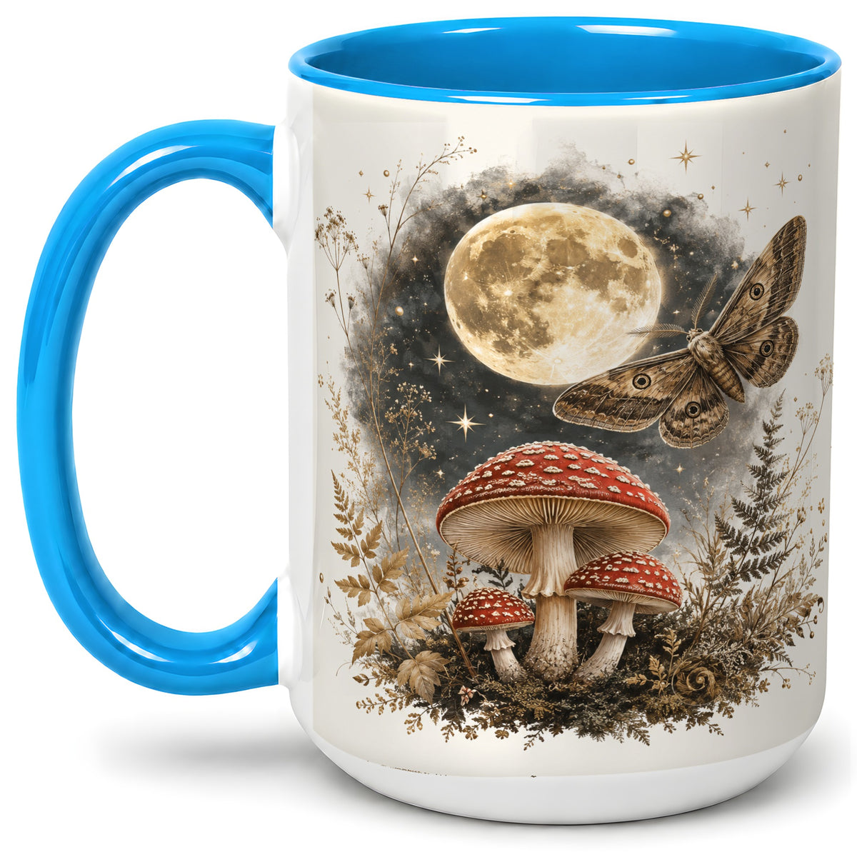 #pl[15oz|Blue] Moon Moth Mushroom Ceramic Mug, Dark Botanical Art for Nature Fans