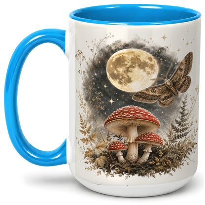 #pl[15oz|Blue] Moon Moth Mushroom Ceramic Mug, Dark Botanical Art for Nature Fans