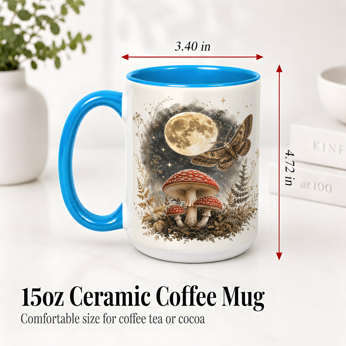 #pl[15oz|Blue] Moon Moth Mushroom Ceramic Mug, Dark Botanical Art for Nature Fans
