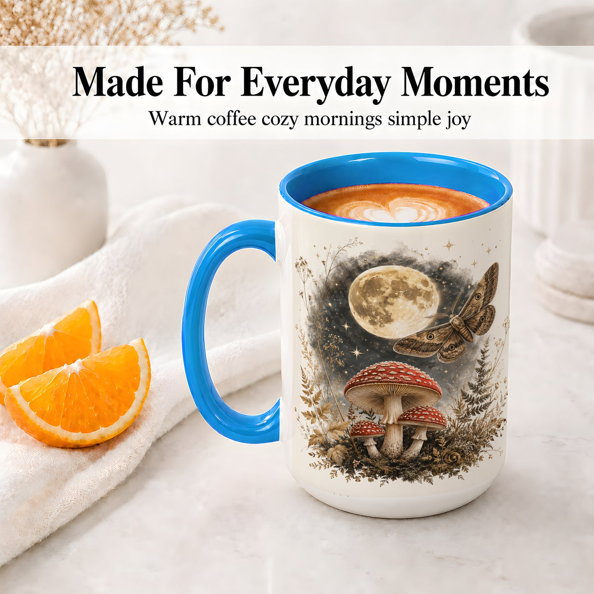 #pl[15oz|Blue] Moon Moth Mushroom Ceramic Mug, Dark Botanical Art for Nature Fans