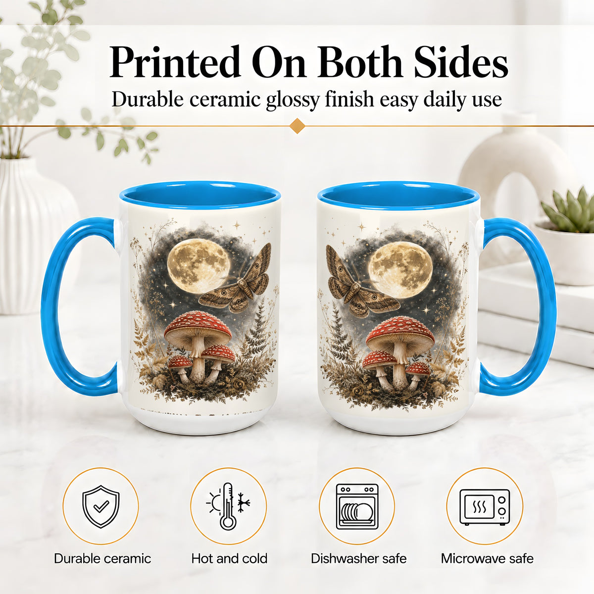 #pl[15oz|Blue] Moon Moth Mushroom Ceramic Mug, Dark Botanical Art for Nature Fans