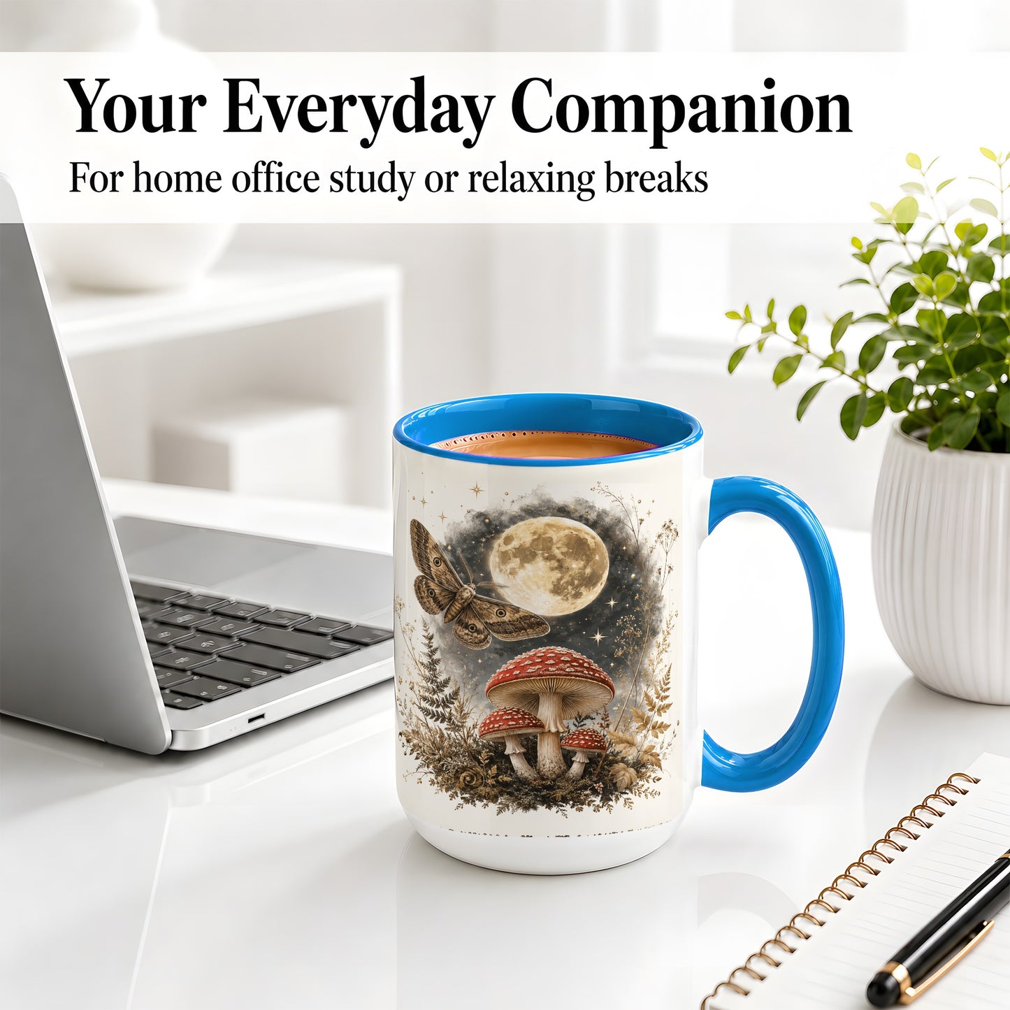 #pl[15oz|Blue] Moon Moth Mushroom Ceramic Mug, Dark Botanical Art for Nature Fans
