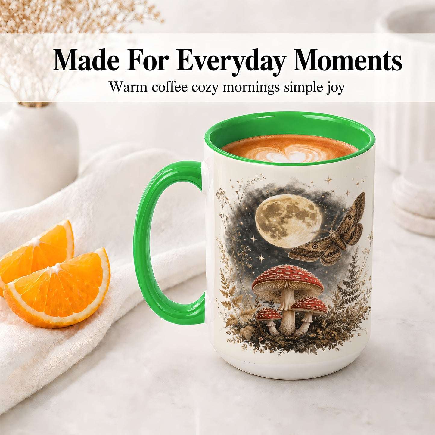 #pl[15oz|Green] Moon Moth Mushroom Ceramic Mug, Dark Botanical Art for Nature Fans