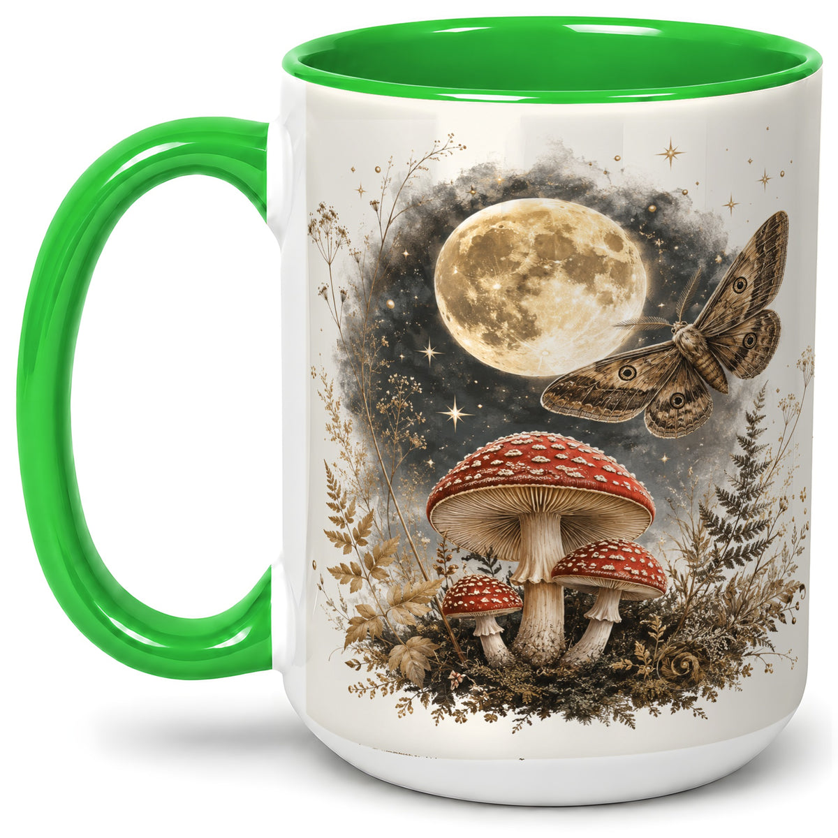 #pl[15oz|Green] Moon Moth Mushroom Ceramic Mug, Dark Botanical Art for Nature Fans