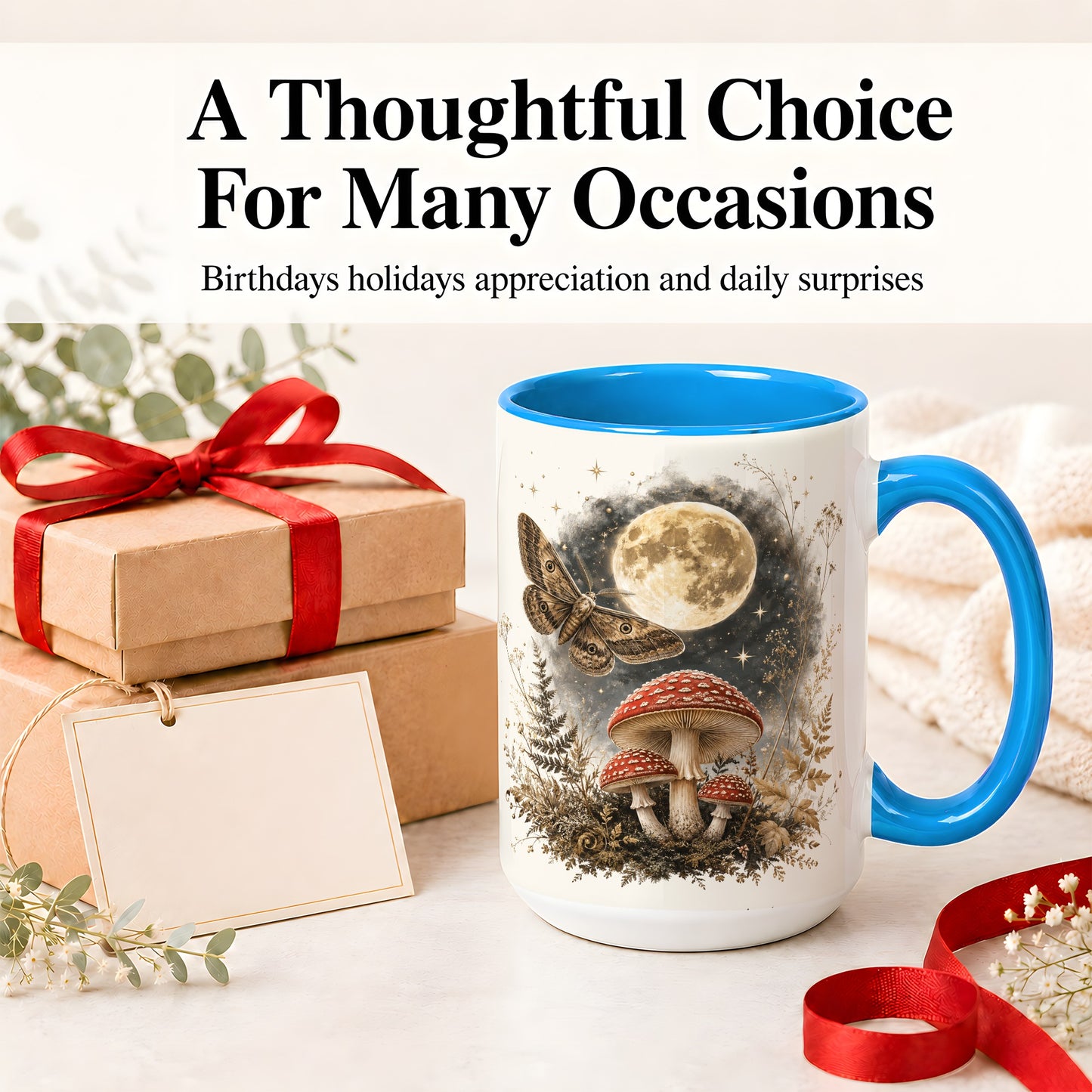 #pl[15oz|Blue] Moon Moth Mushroom Ceramic Mug, Dark Botanical Art for Nature Fans