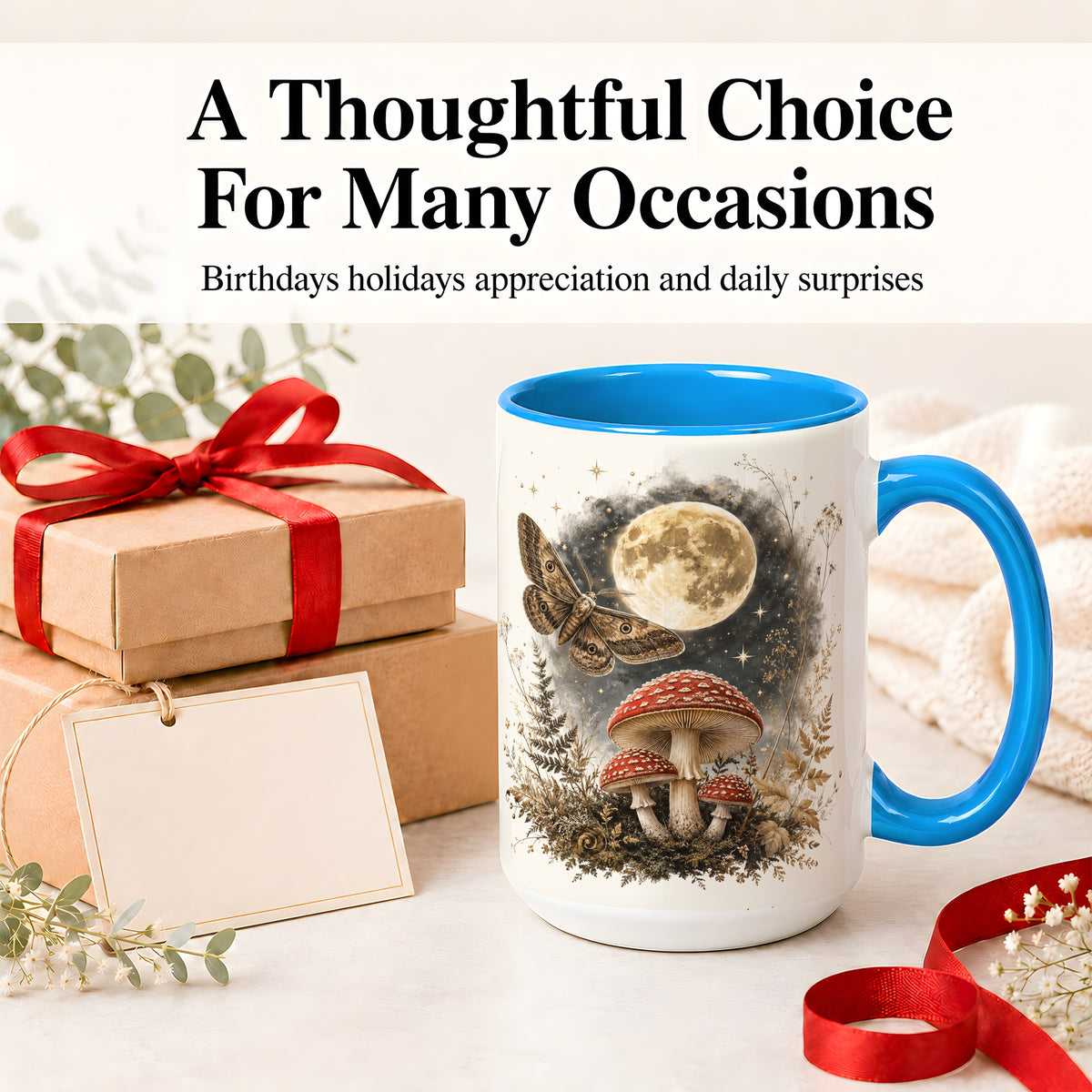 #pl[15oz|Blue] Moon Moth Mushroom Ceramic Mug, Dark Botanical Art for Nature Fans