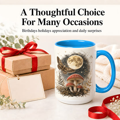 #pl[15oz|Blue] Moon Moth Mushroom Ceramic Mug, Dark Botanical Art for Nature Fans