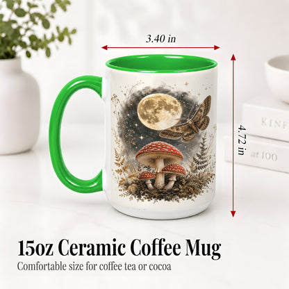 #pl[15oz|Green] Moon Moth Mushroom Ceramic Mug, Dark Botanical Art for Nature Fans