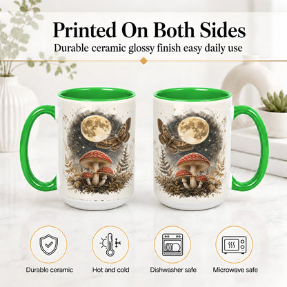 #pl[15oz|Green] Moon Moth Mushroom Ceramic Mug, Dark Botanical Art for Nature Fans
