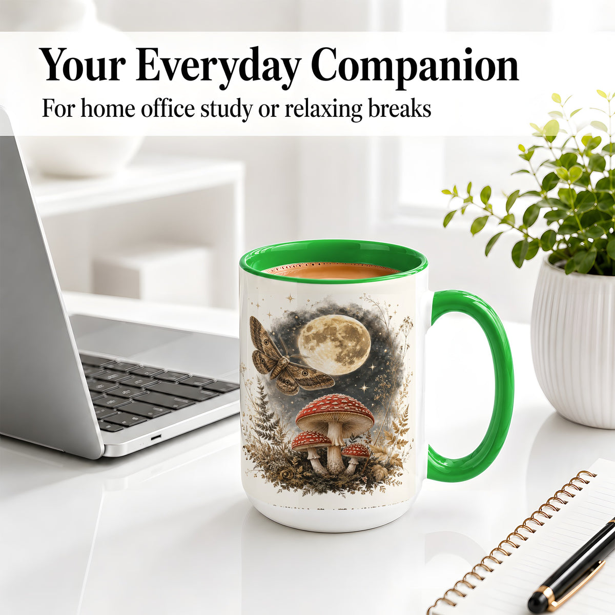 #pl[15oz|Green] Moon Moth Mushroom Ceramic Mug, Dark Botanical Art for Nature Fans