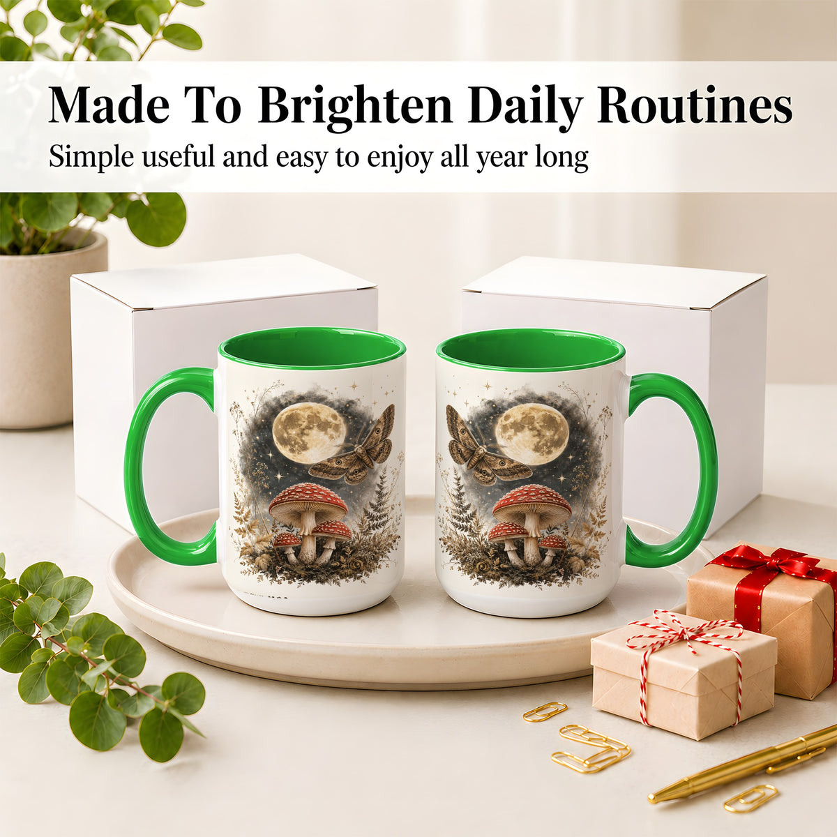 #pl[15oz|Green] Moon Moth Mushroom Ceramic Mug, Dark Botanical Art for Nature Fans