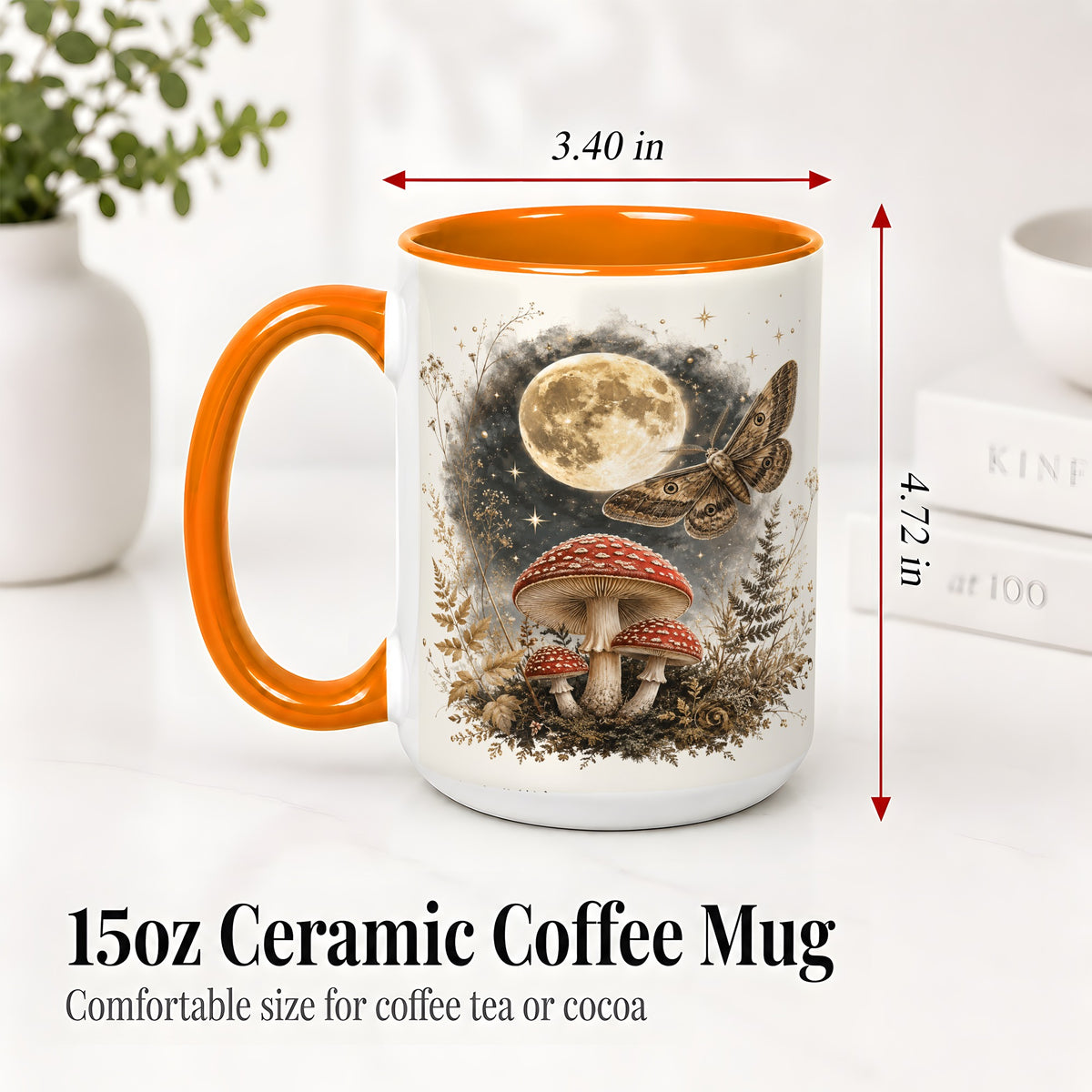 #pl[15oz|Orange] Moon Moth Mushroom Ceramic Mug, Dark Botanical Art for Nature Fans