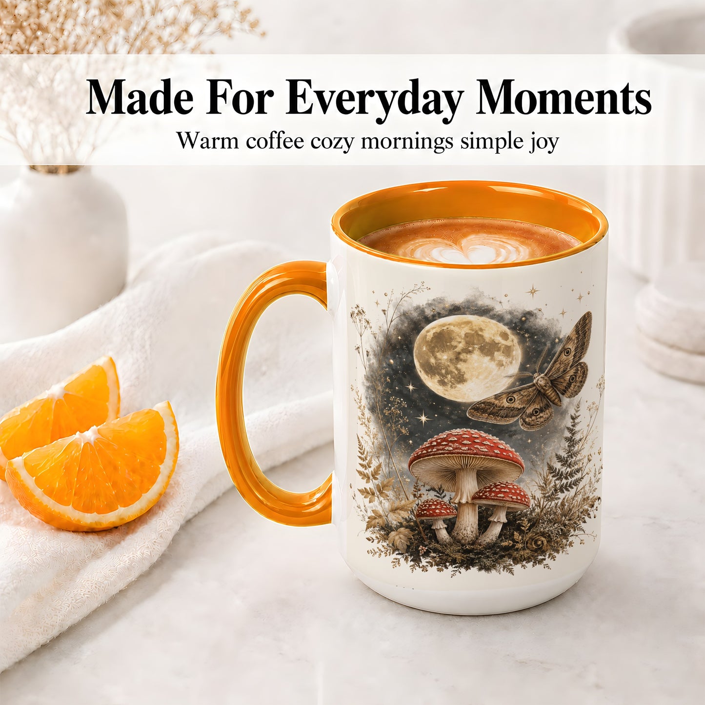 #pl[15oz|Orange] Moon Moth Mushroom Ceramic Mug, Dark Botanical Art for Nature Fans