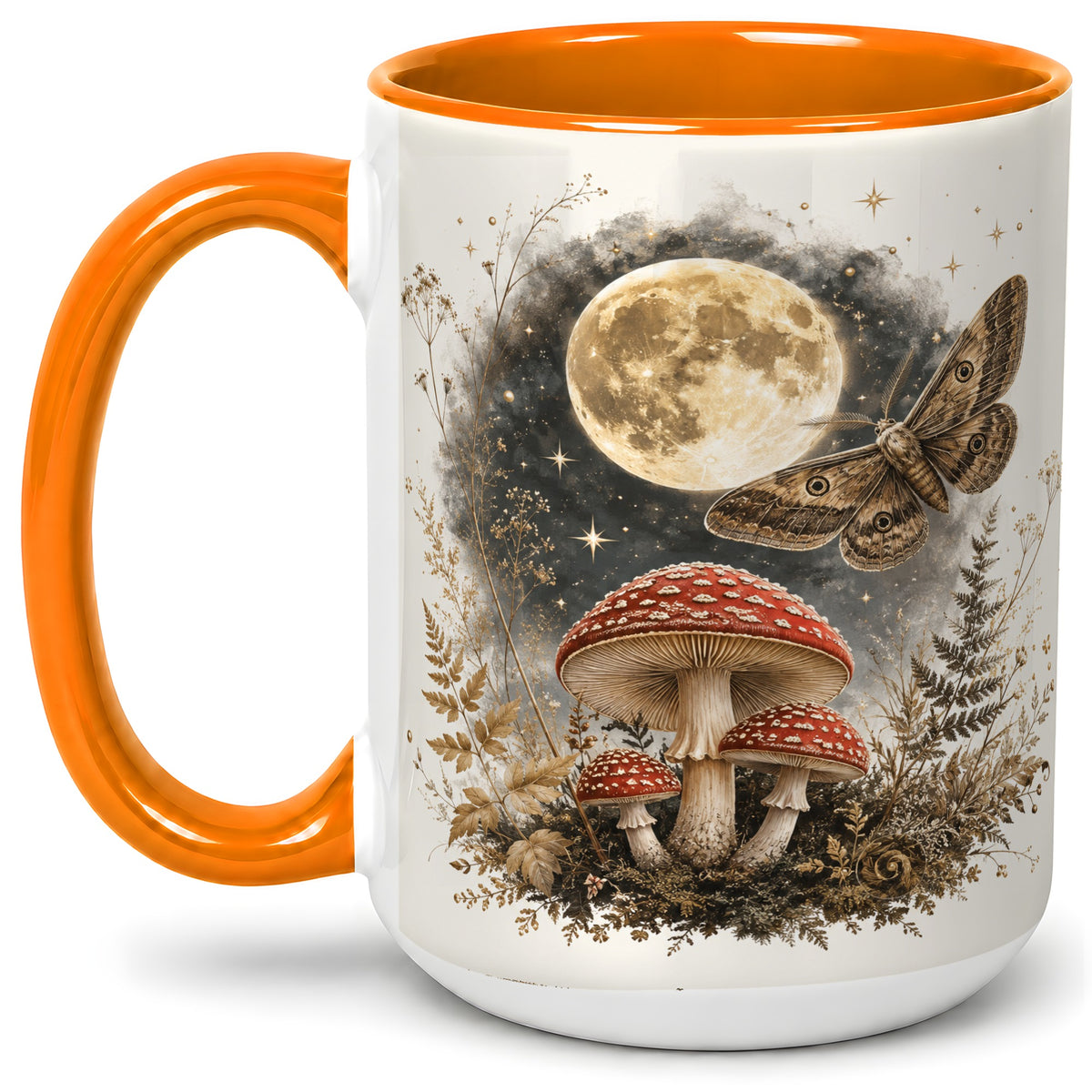#pl[15oz|Orange] Moon Moth Mushroom Ceramic Mug, Dark Botanical Art for Nature Fans