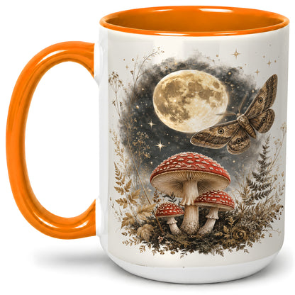 #pl[15oz|Orange] Moon Moth Mushroom Ceramic Mug, Dark Botanical Art for Nature Fans