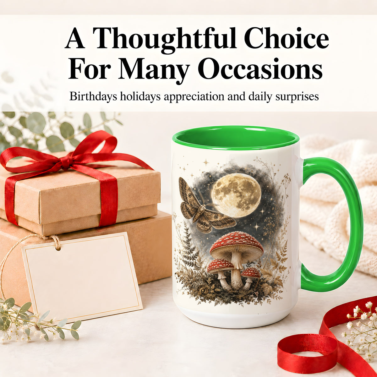 #pl[15oz|Green] Moon Moth Mushroom Ceramic Mug, Dark Botanical Art for Nature Fans