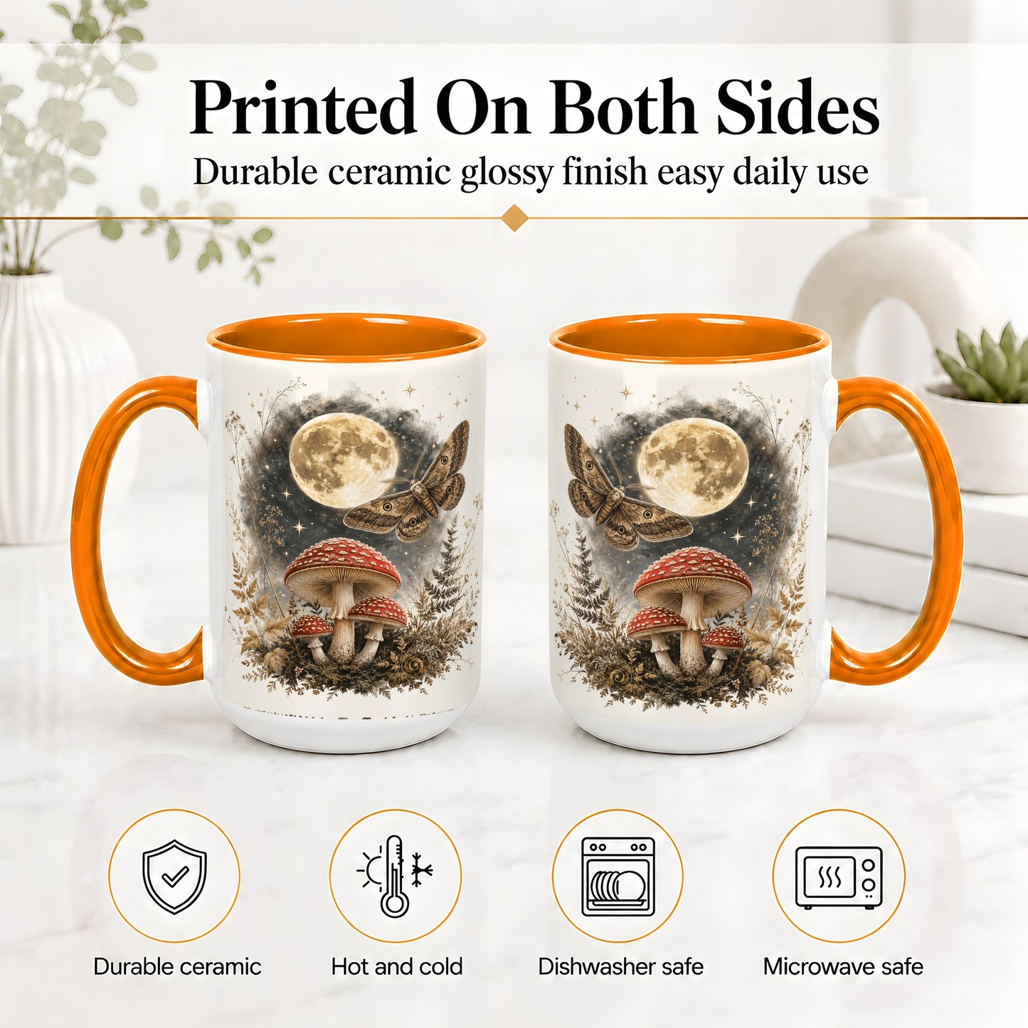 #pl[15oz|Orange] Moon Moth Mushroom Ceramic Mug, Dark Botanical Art for Nature Fans